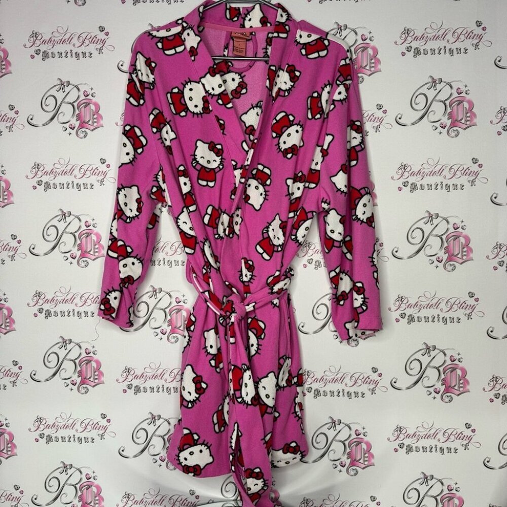 Hello kitty robe 2007 vintage dead stock fleece pink waist tie belt pockets